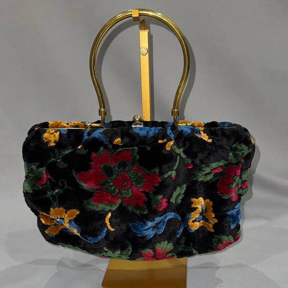 Handbags - Vintage Velvet Floral Evening Bag with Gold Handle – 1950s Style